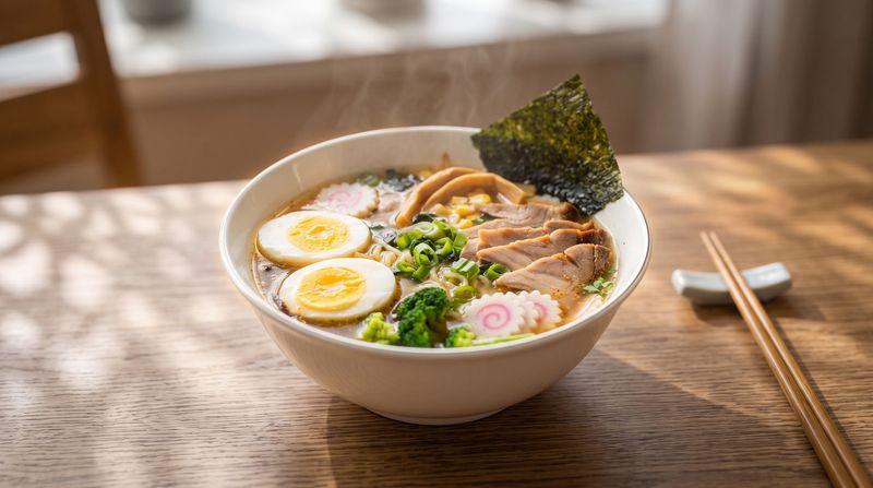 Bowl of ramen with sliced egg, pork, greens, and seaweed on a wooden table with chopsticks