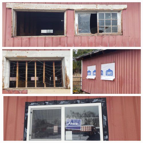 A collage of pictures showing a window being installed on a building