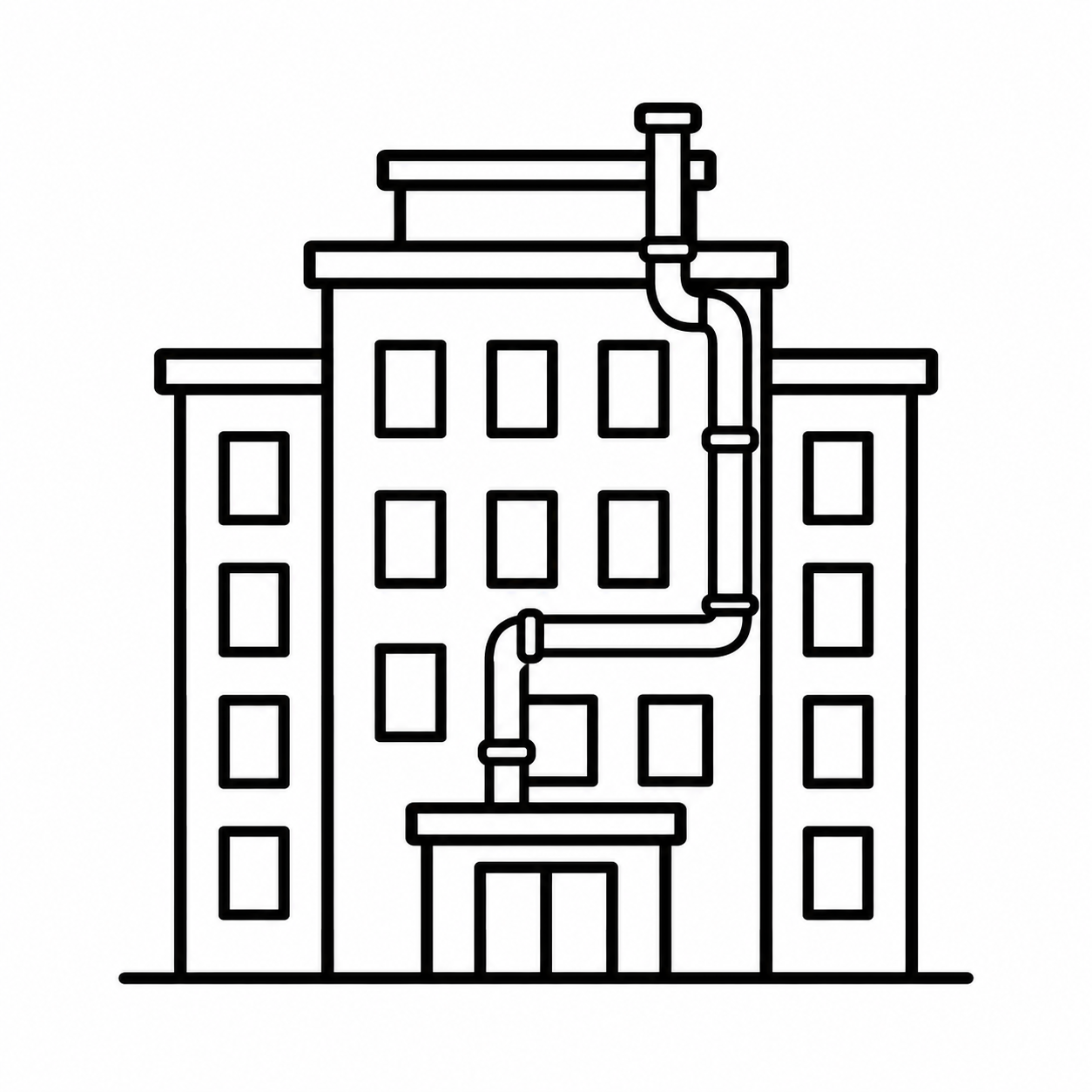 Line-art hospital building with a rooftop pipe system and central entrance.