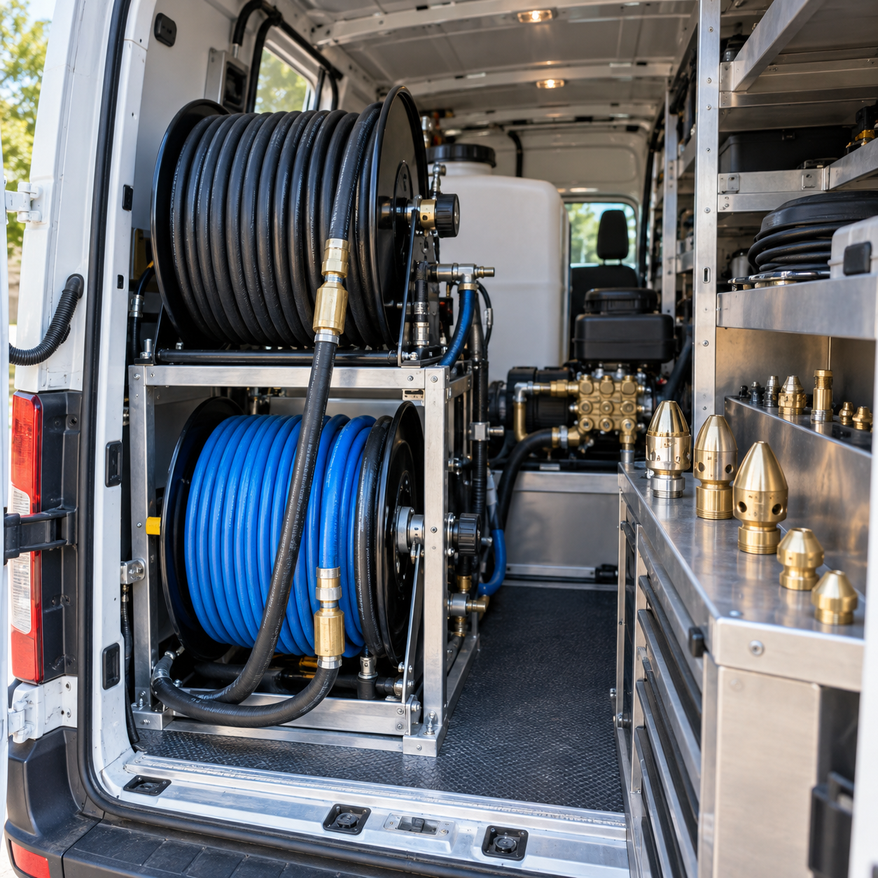 Work van interior with large black and blue hose reels and brass fittings in a utility setup