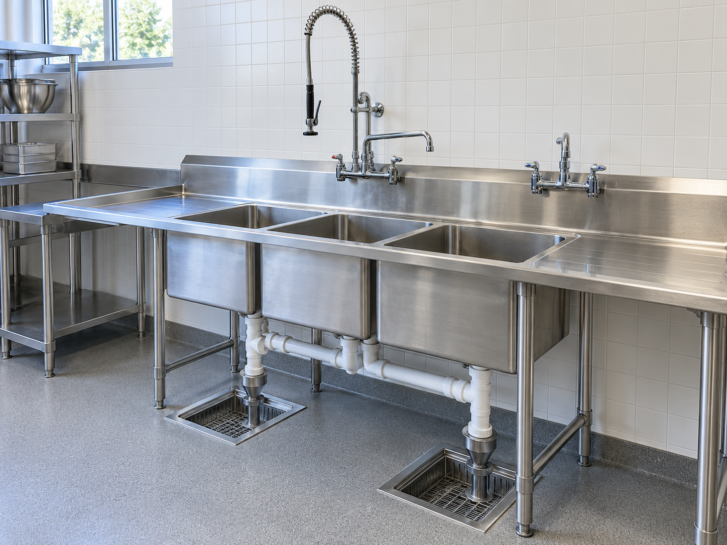 Stainless steel commercial kitchen sink with double basins, faucets, and drainboards against white tiled walls
