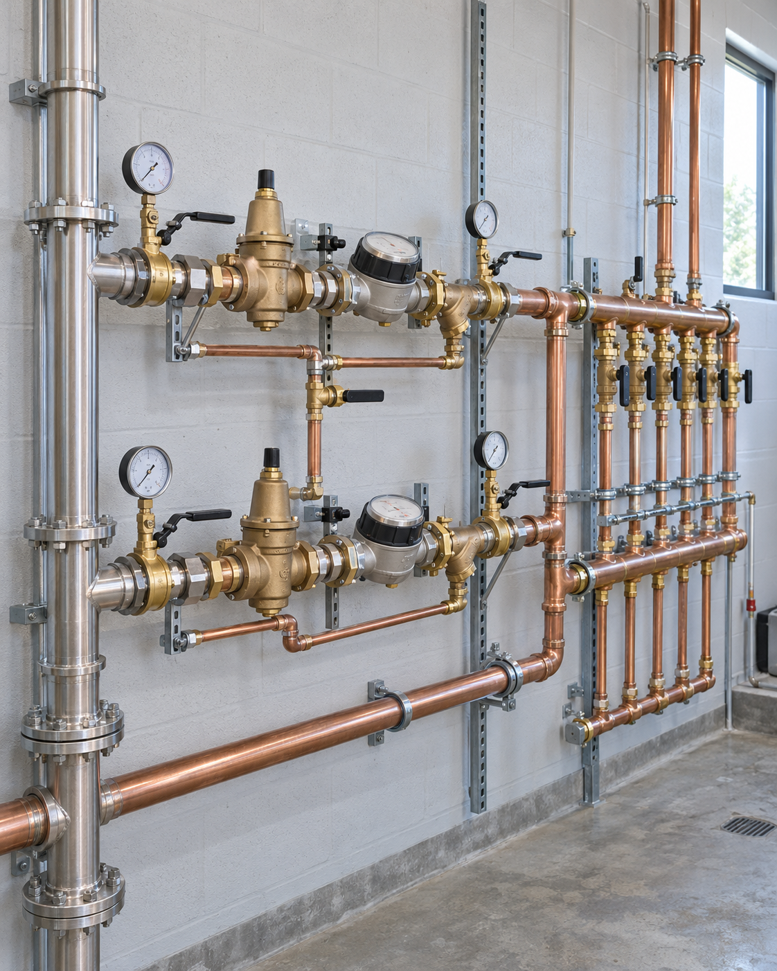 Brass plumbing manifold with gauges and valves mounted on a wall in a utility room