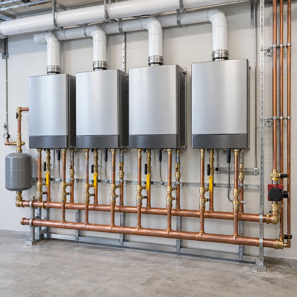 Four wall-mounted boiler units with copper piping in a utility room