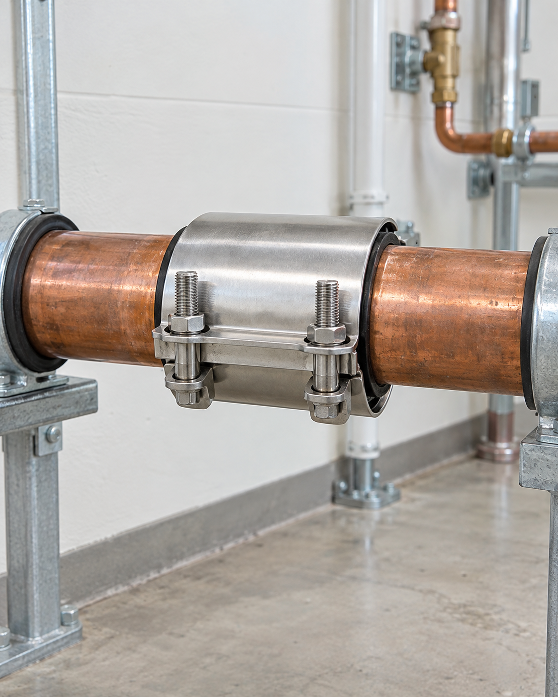 Copper pipes joined by a stainless steel coupling in a utility room