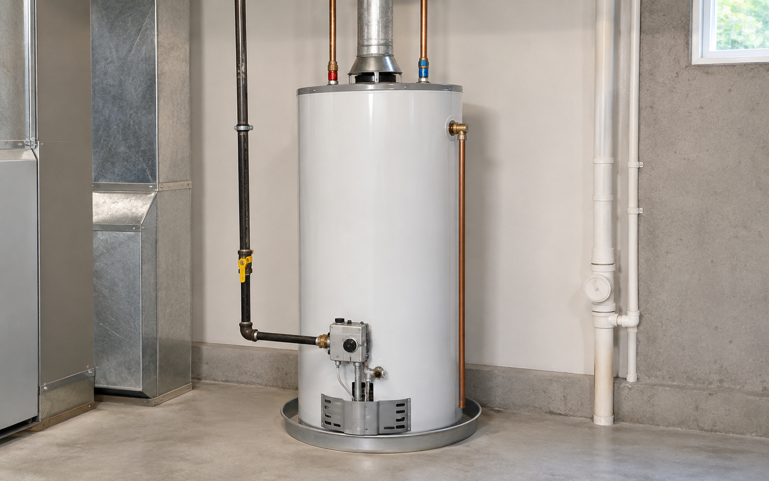 White water heater tank in a utility room with attached pipes and ductwork