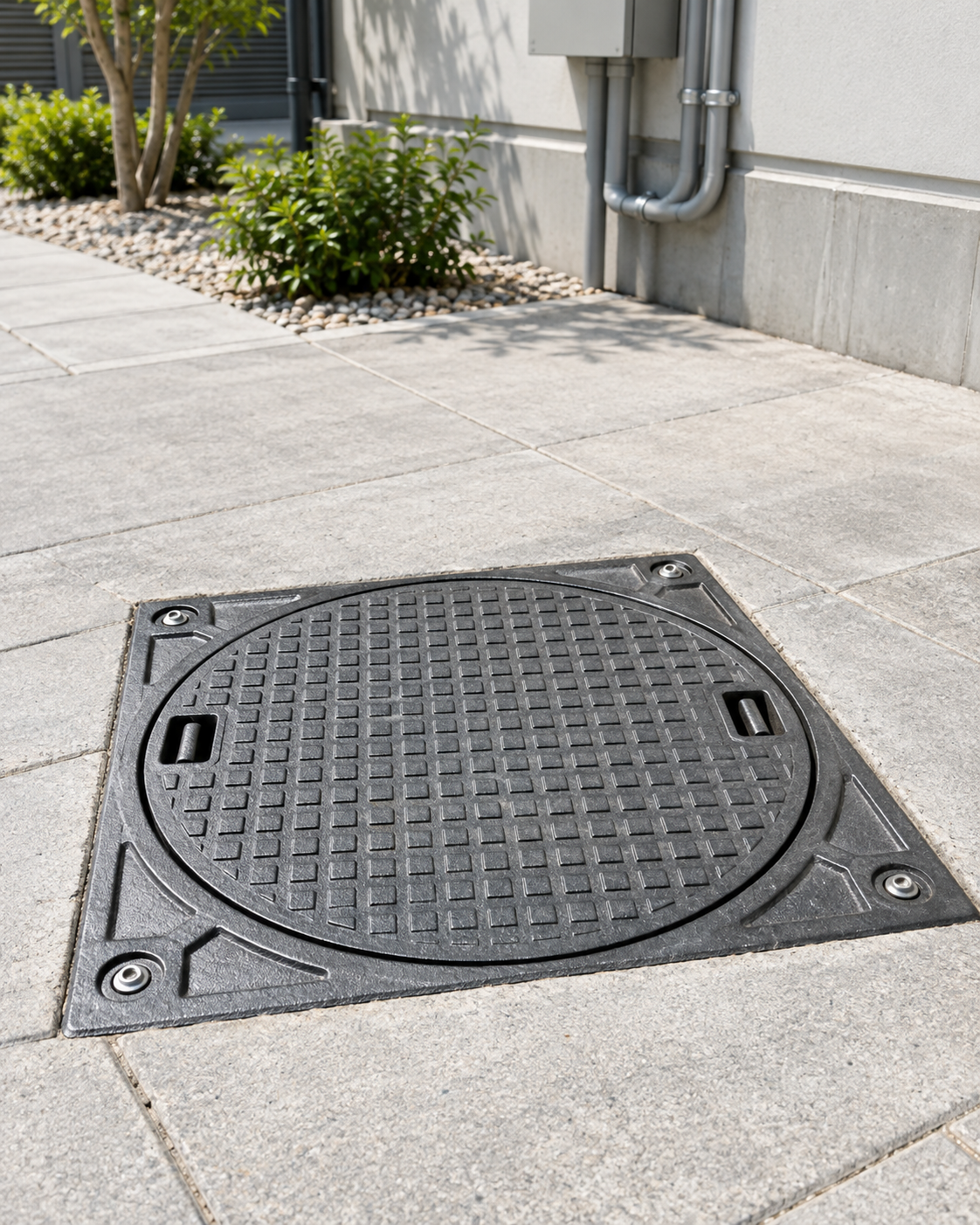 Round black utility cover set in a light gray concrete sidewalk near a building wall.