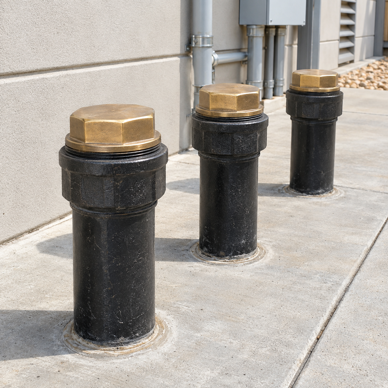 Three black bollards with brass caps along a concrete sidewalk beside a building wall