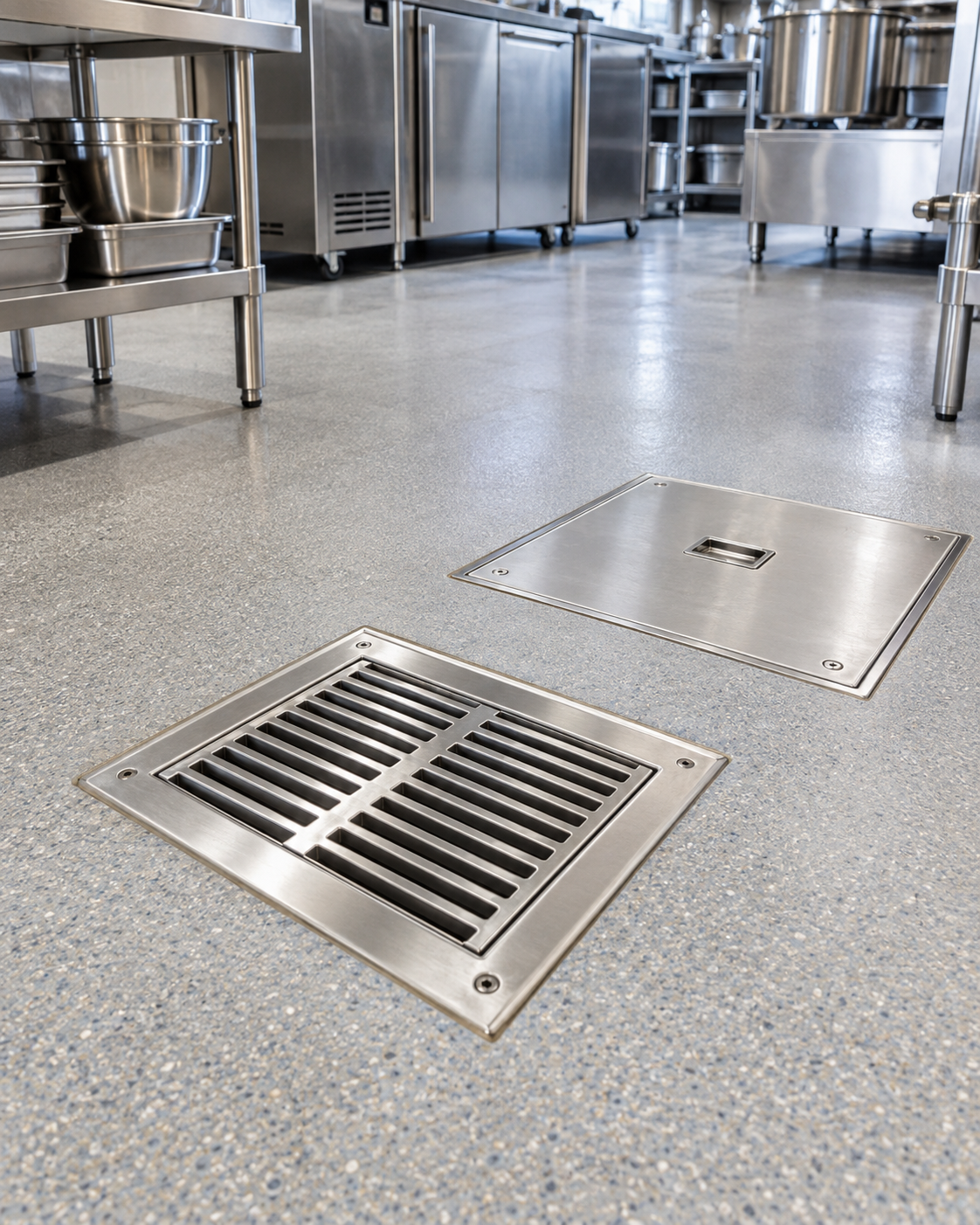 Commercial kitchen floor with metal drain grate and access panel, stainless steel equipment in the background