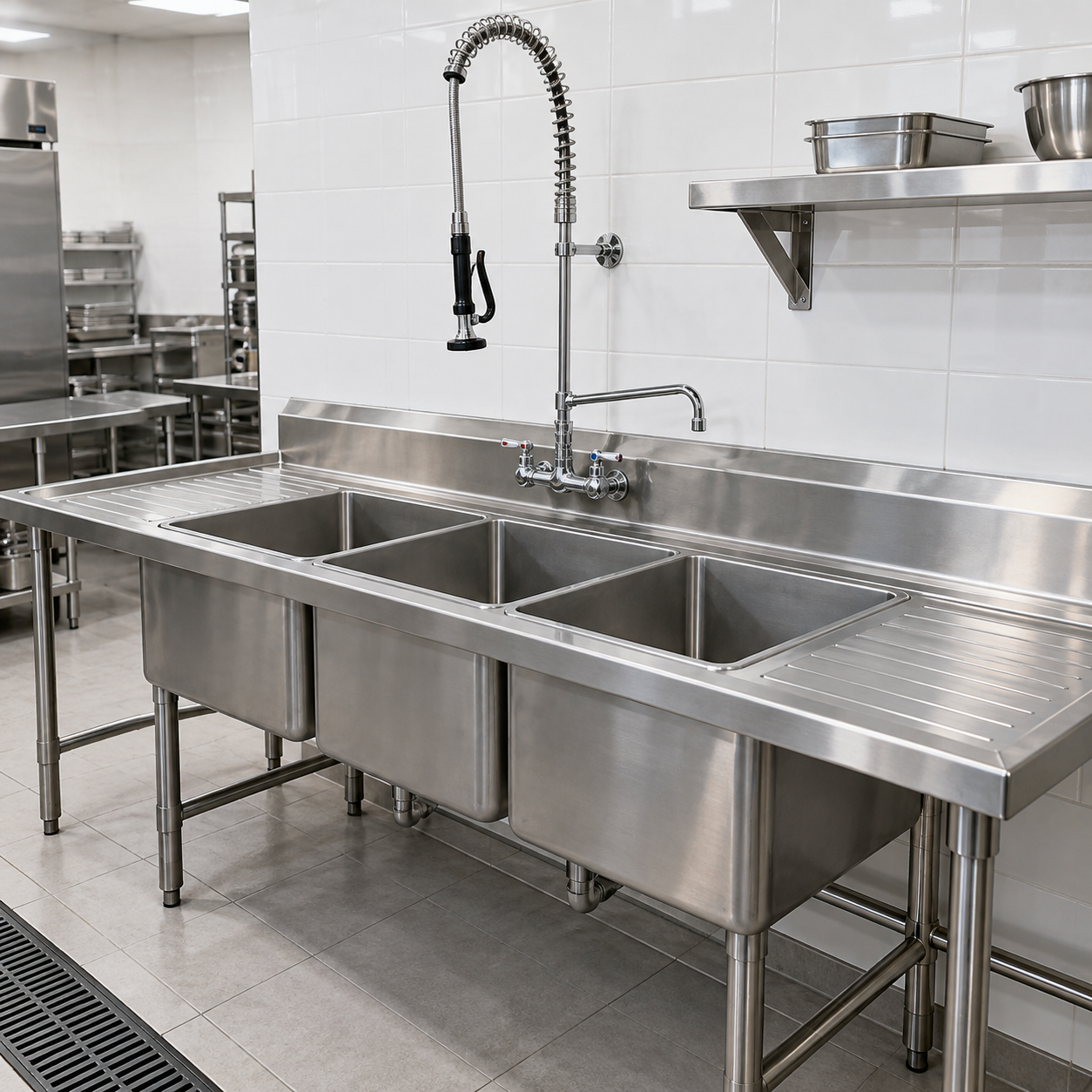 Stainless steel commercial kitchen sink with three basins and a tall faucet in a tiled prep area