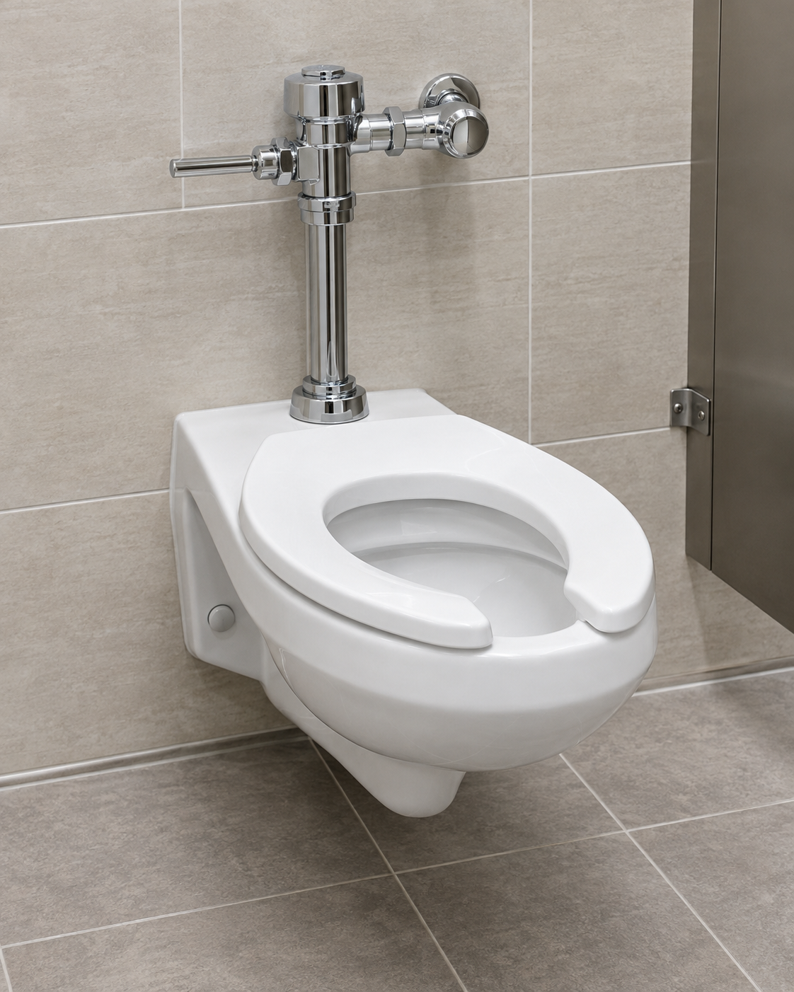 Wall-mounted white toilet with chrome flush valve in a tiled restroom.