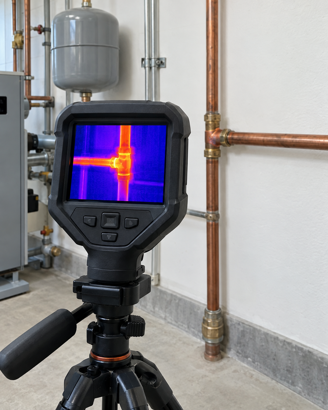 Thermal camera on tripod aimed at wall pipes and boiler equipment in a utility room.
