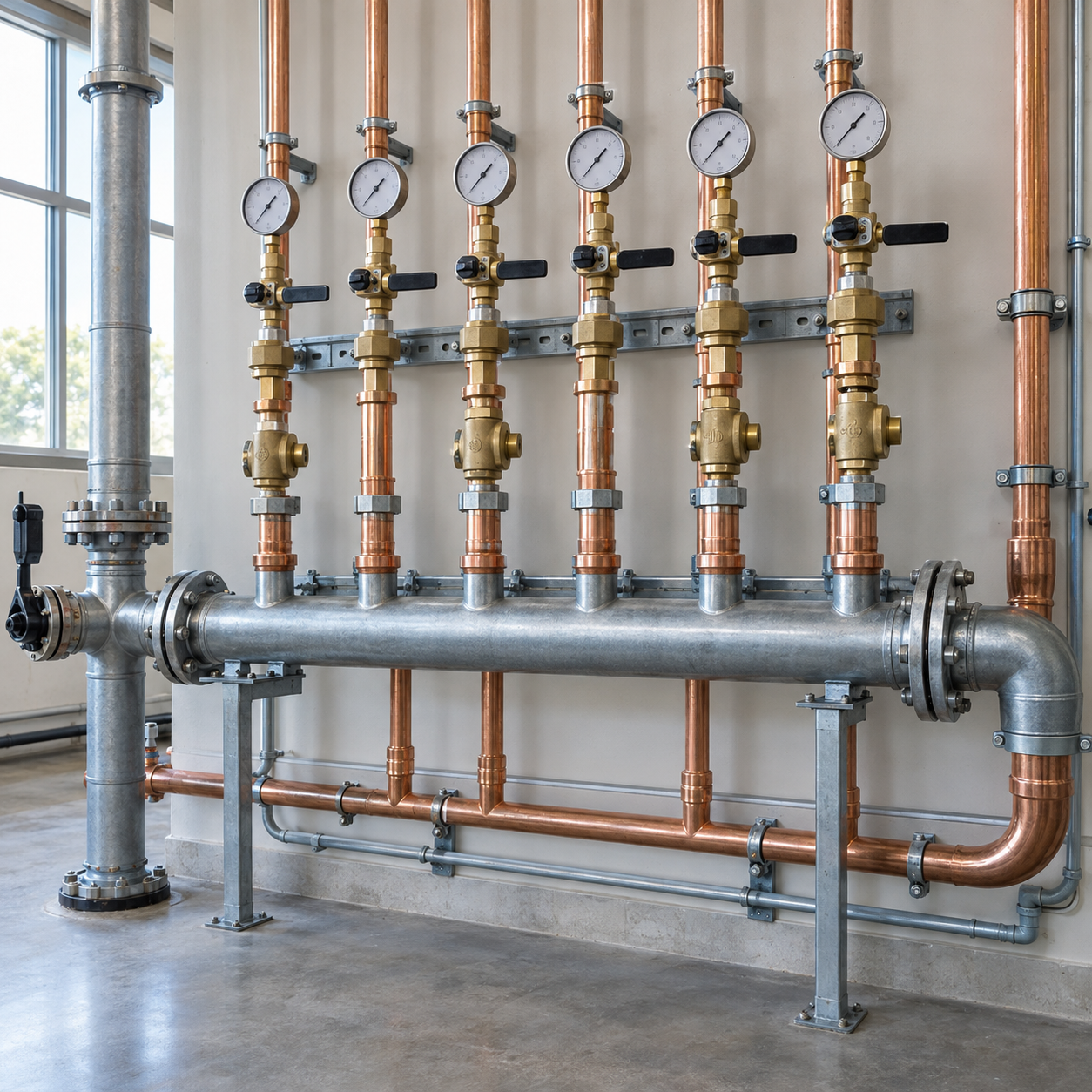 Industrial piping with gauges and brass valves in a mechanical room