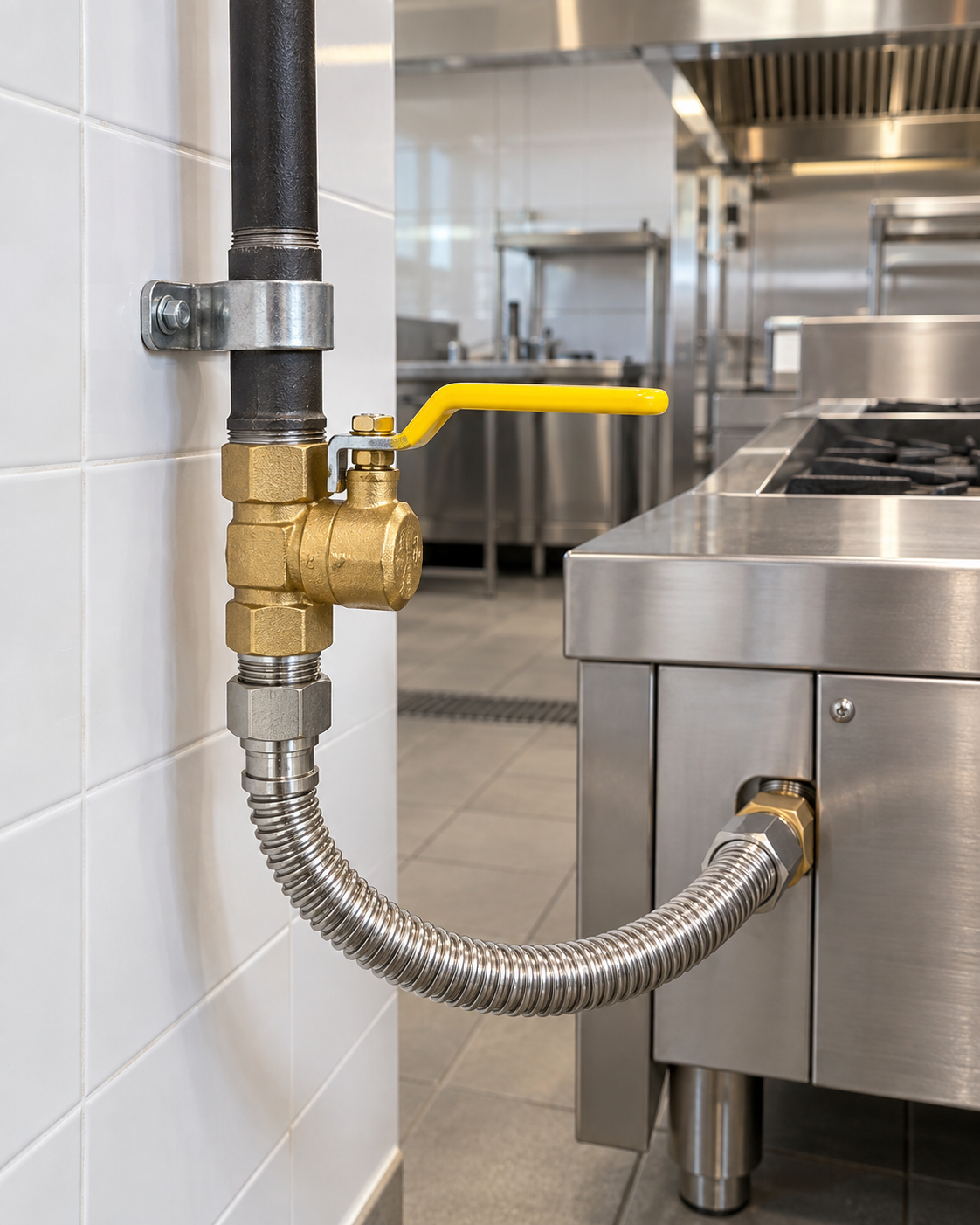 Gas shutoff valve with yellow handle and flexible hose in a commercial kitchen
