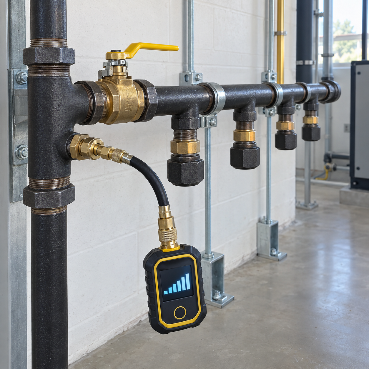 Black piping with yellow valve and attached sensor monitor in an industrial room