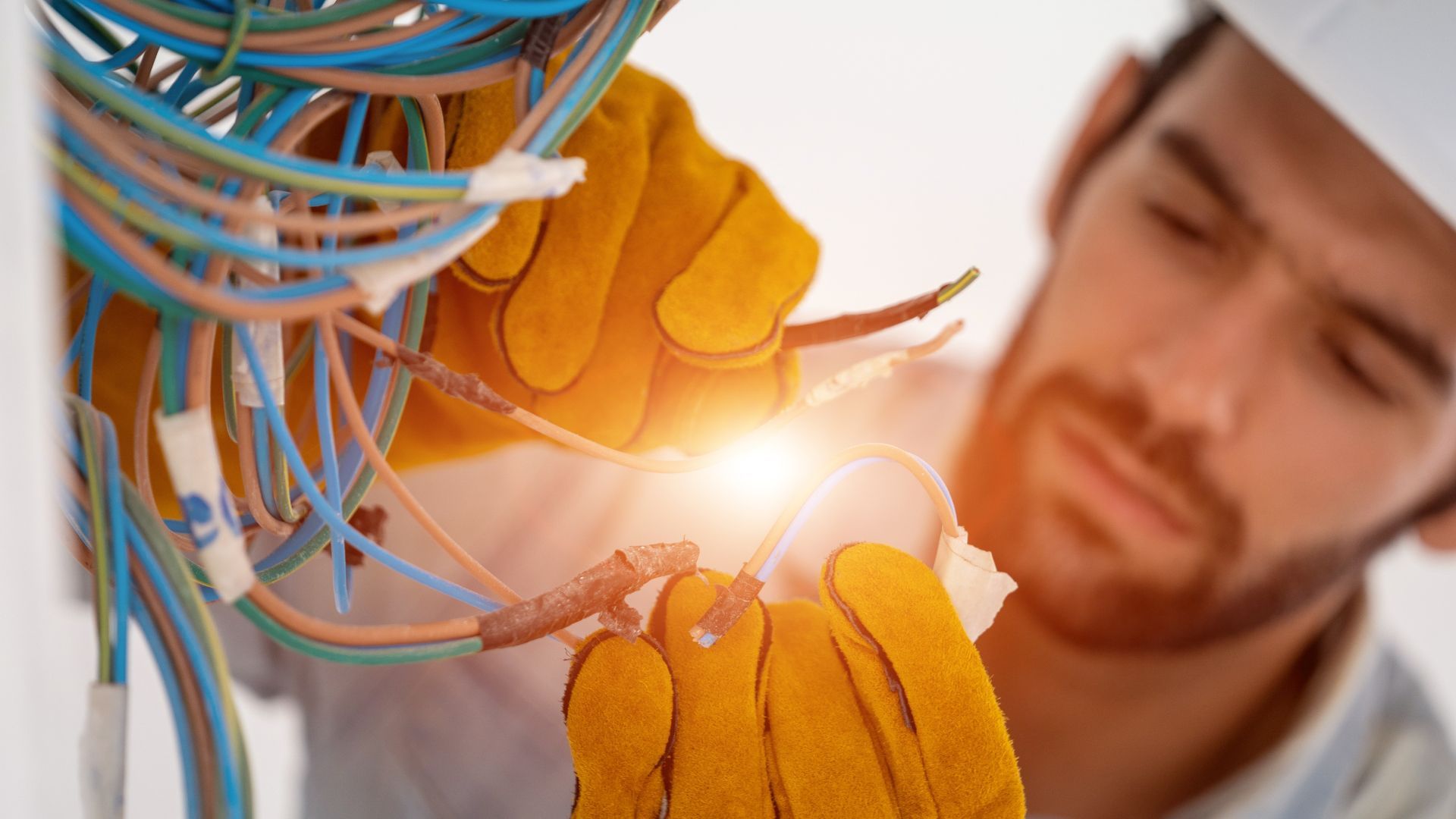 An electrician is working on a light bulb while holding a bunch of wires.
