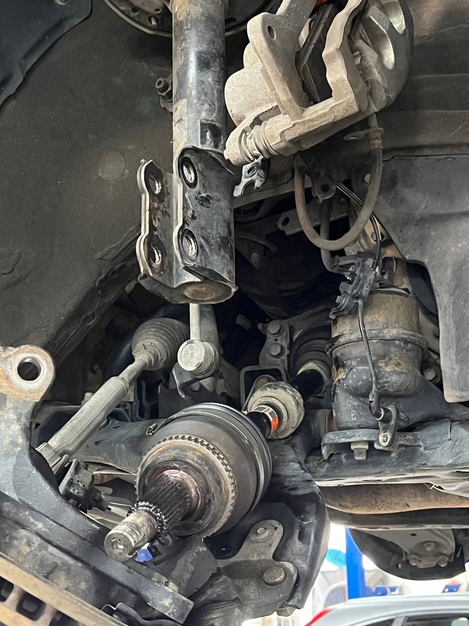 Disassembled front wheel end on Toyota Venza