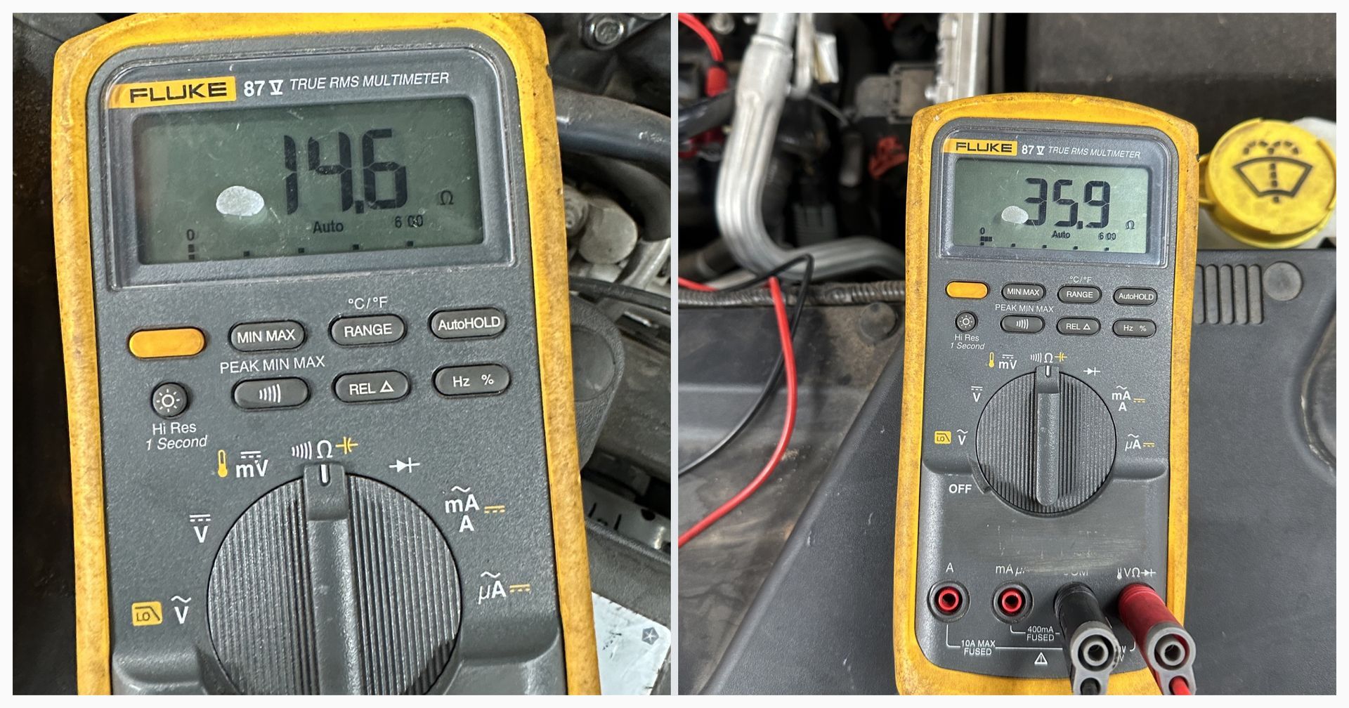 Injector resistance readings of 14.6 and 35.9 ohms