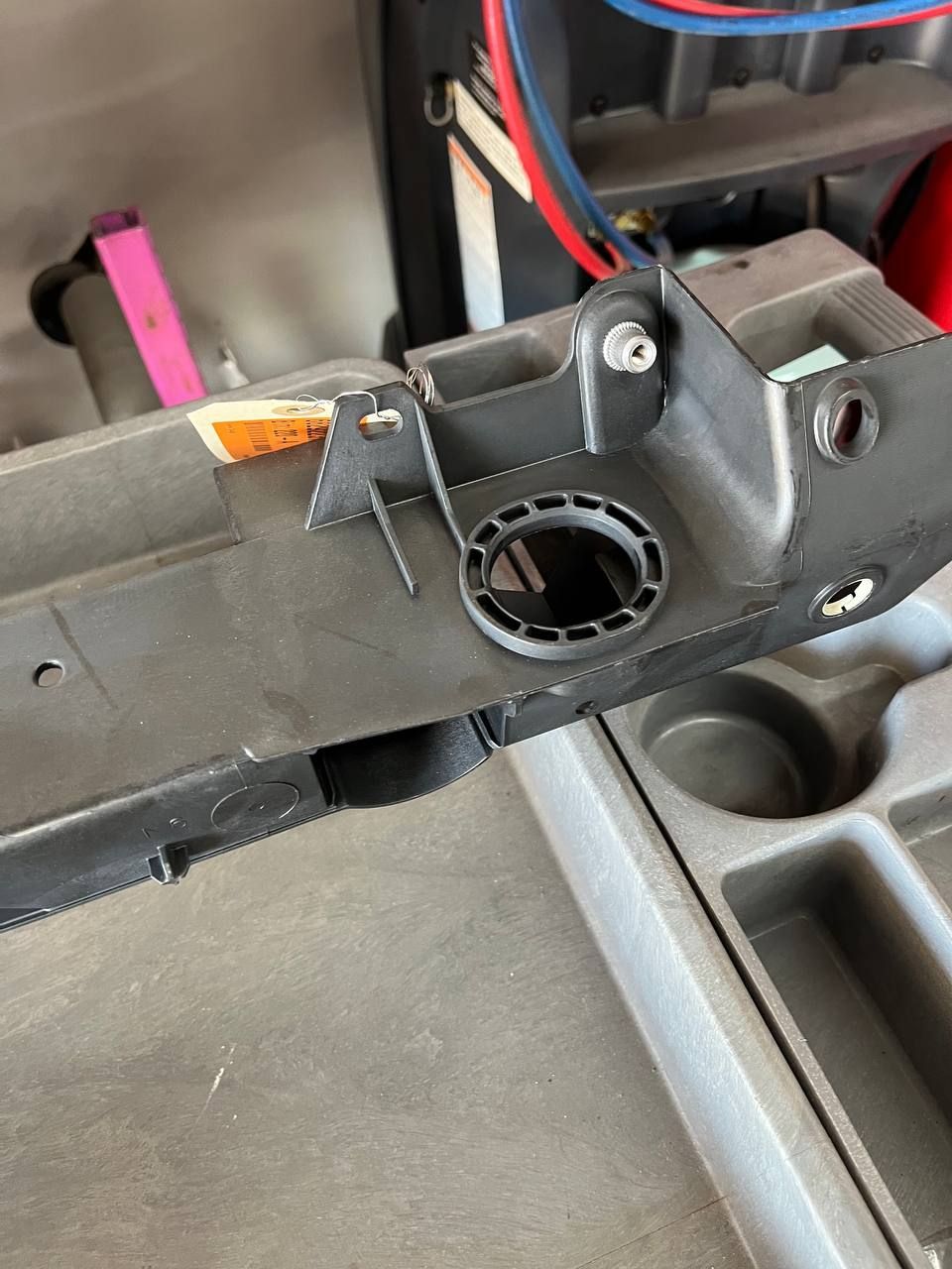 The new lower radiator support uses this opening for the separate radiator isolator.