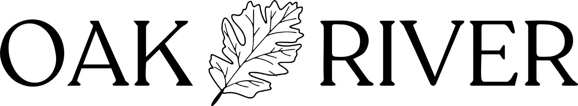 Oak River logo with a leaf between the words in black text on a white background