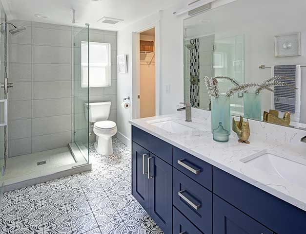 Modern bathroom interior with blue double vanity