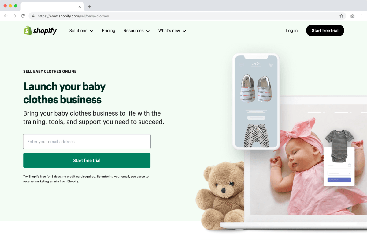 a Shopify website shows a baby and a teddy bear.