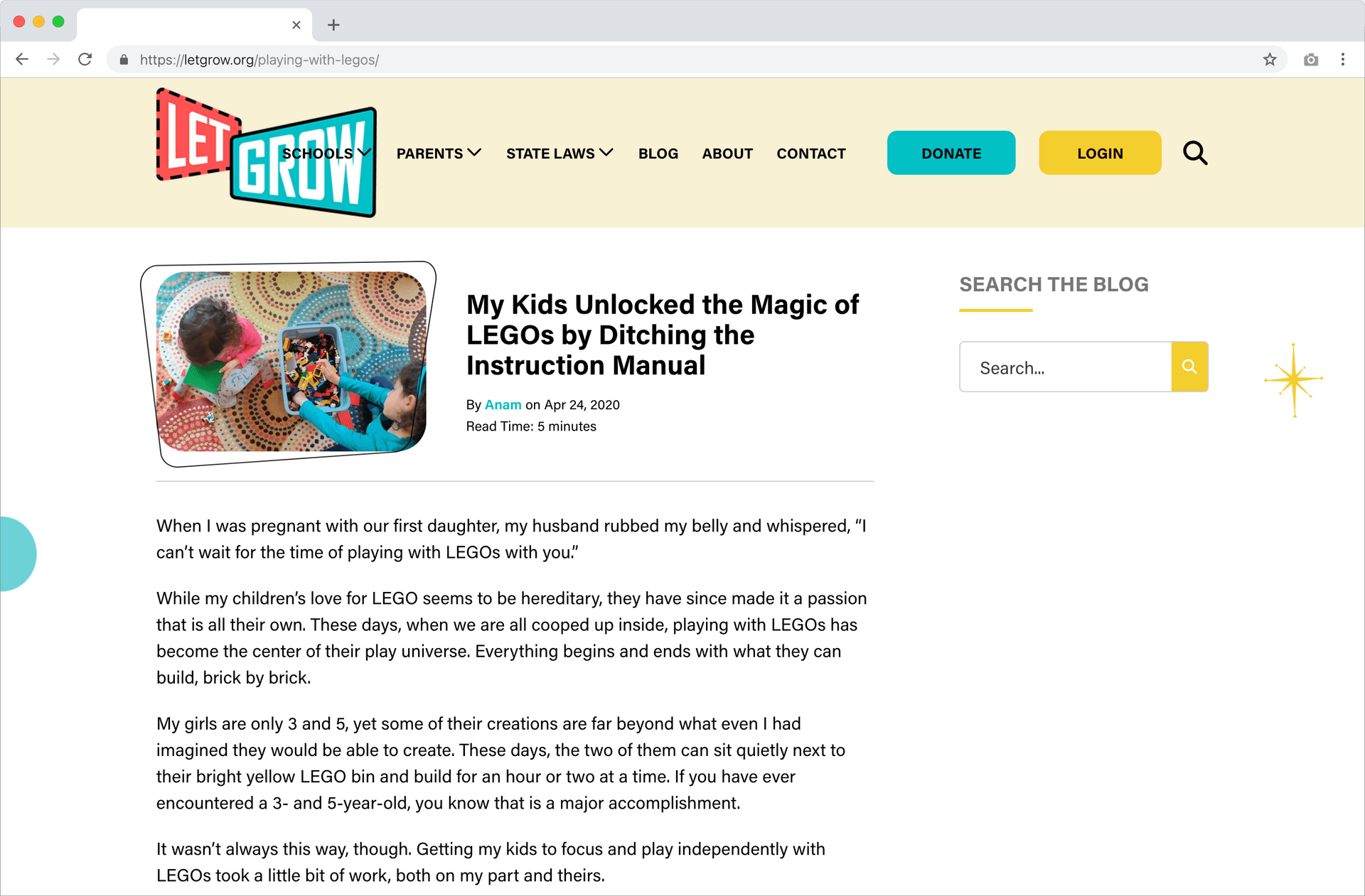 A web page entitled "My Kids Unlocked the Magic of Legos by Ditching the Instruction Manual" by Anam Ahmed.