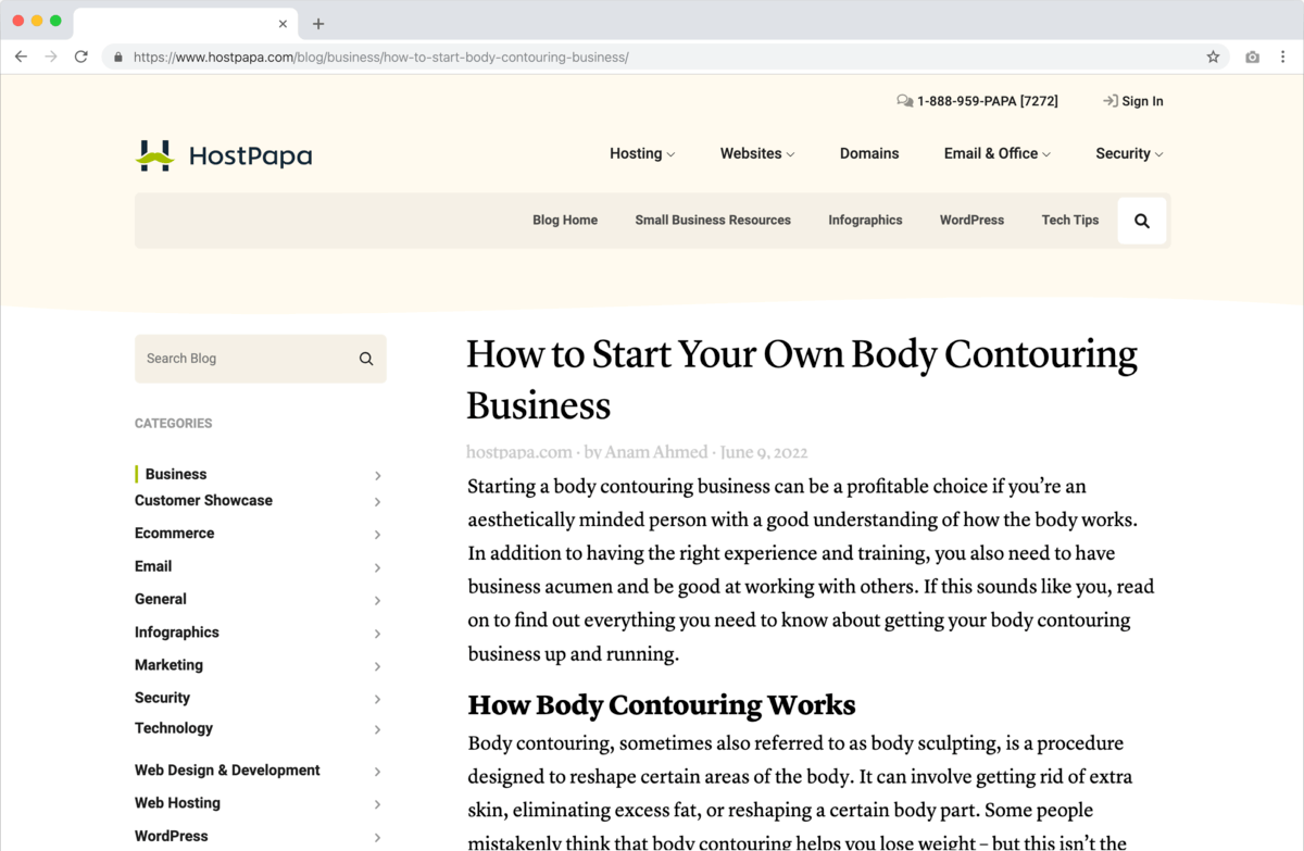 Anam's freelance website content on Hostpapa's website.