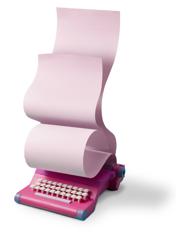 A pink typewriter with curved pink paper emerging from the top.