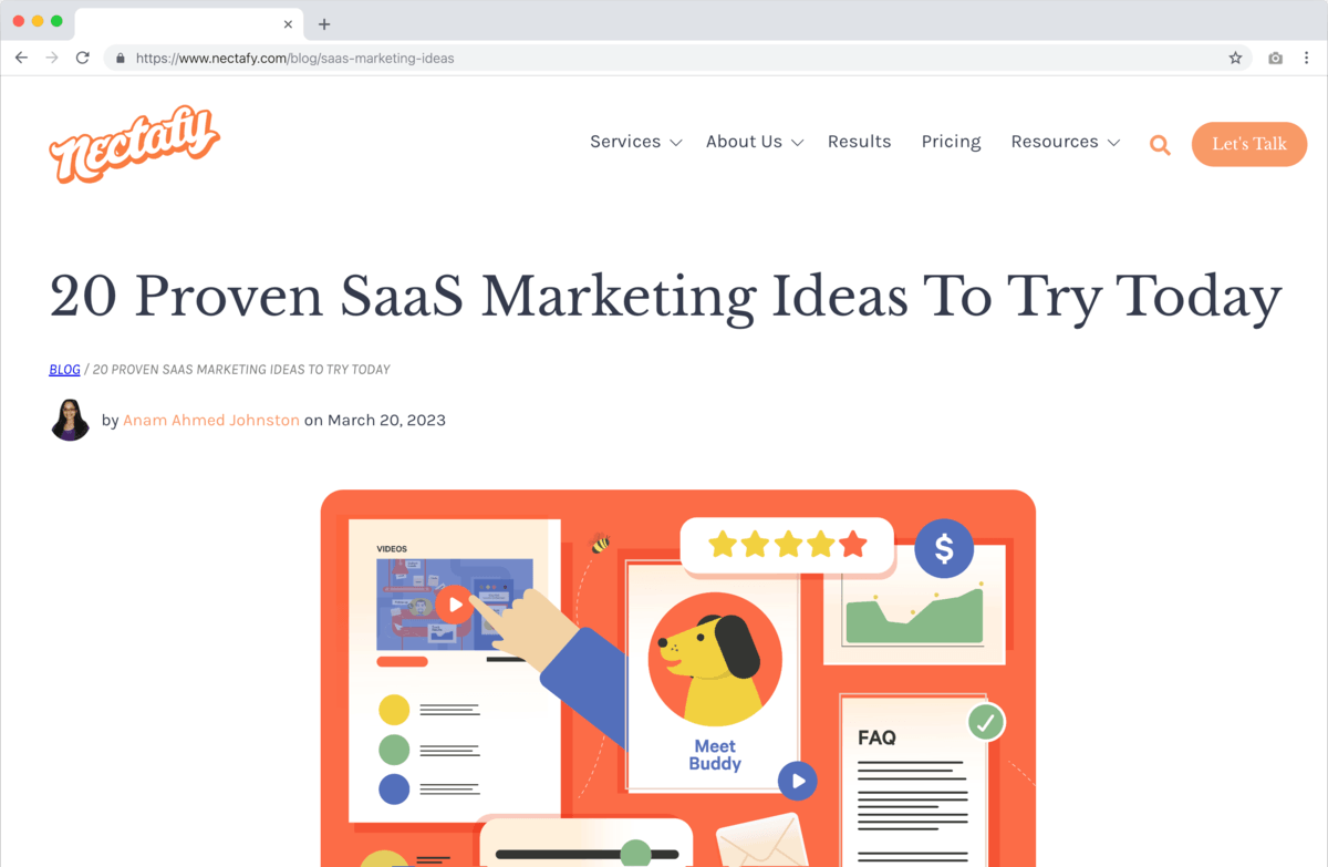 a web page titled 20 SaaS marketing ideas to try today by Anam Ahmed