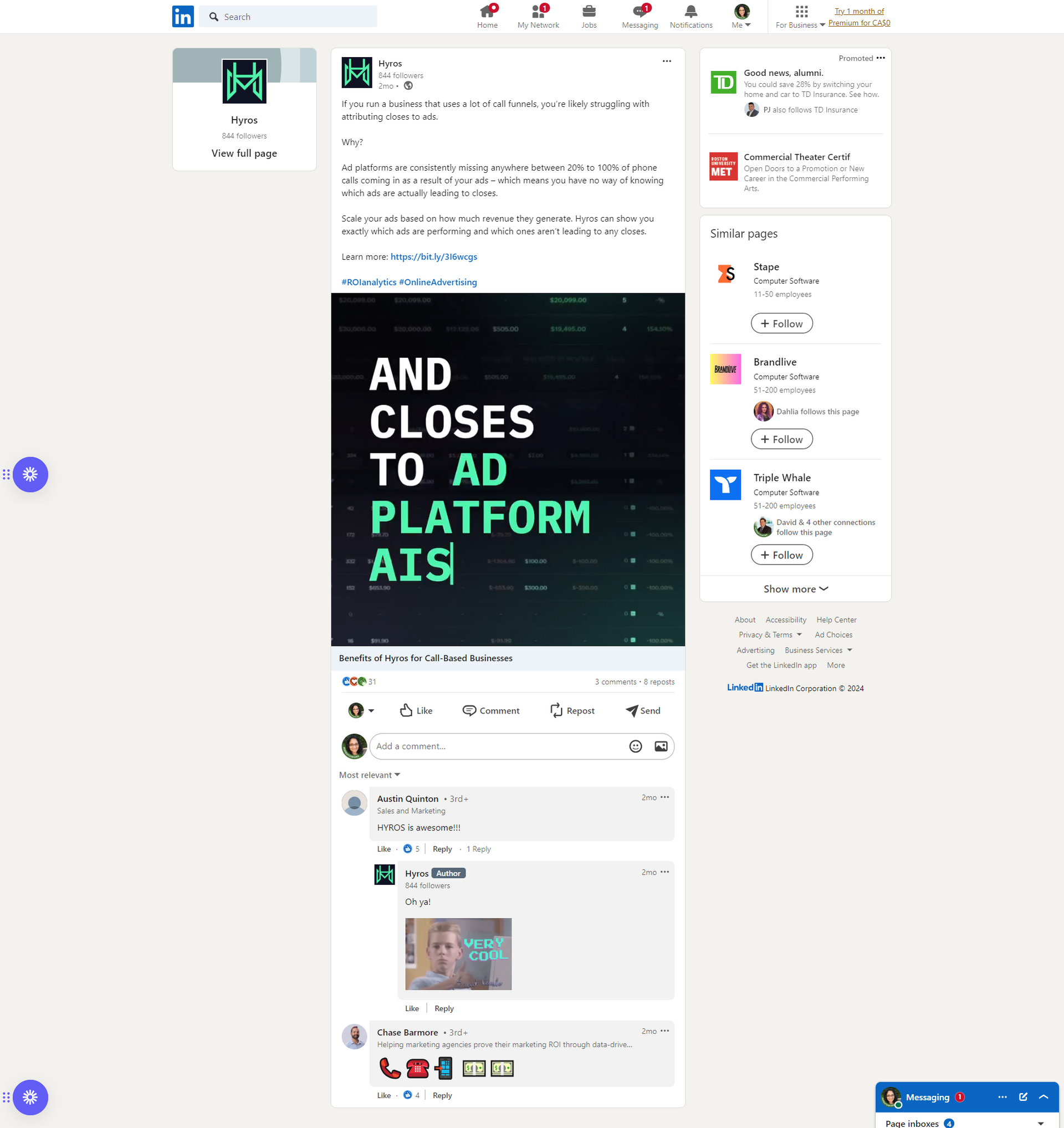 Social media LinkedIn post for Hyros written by Anam Ahmed