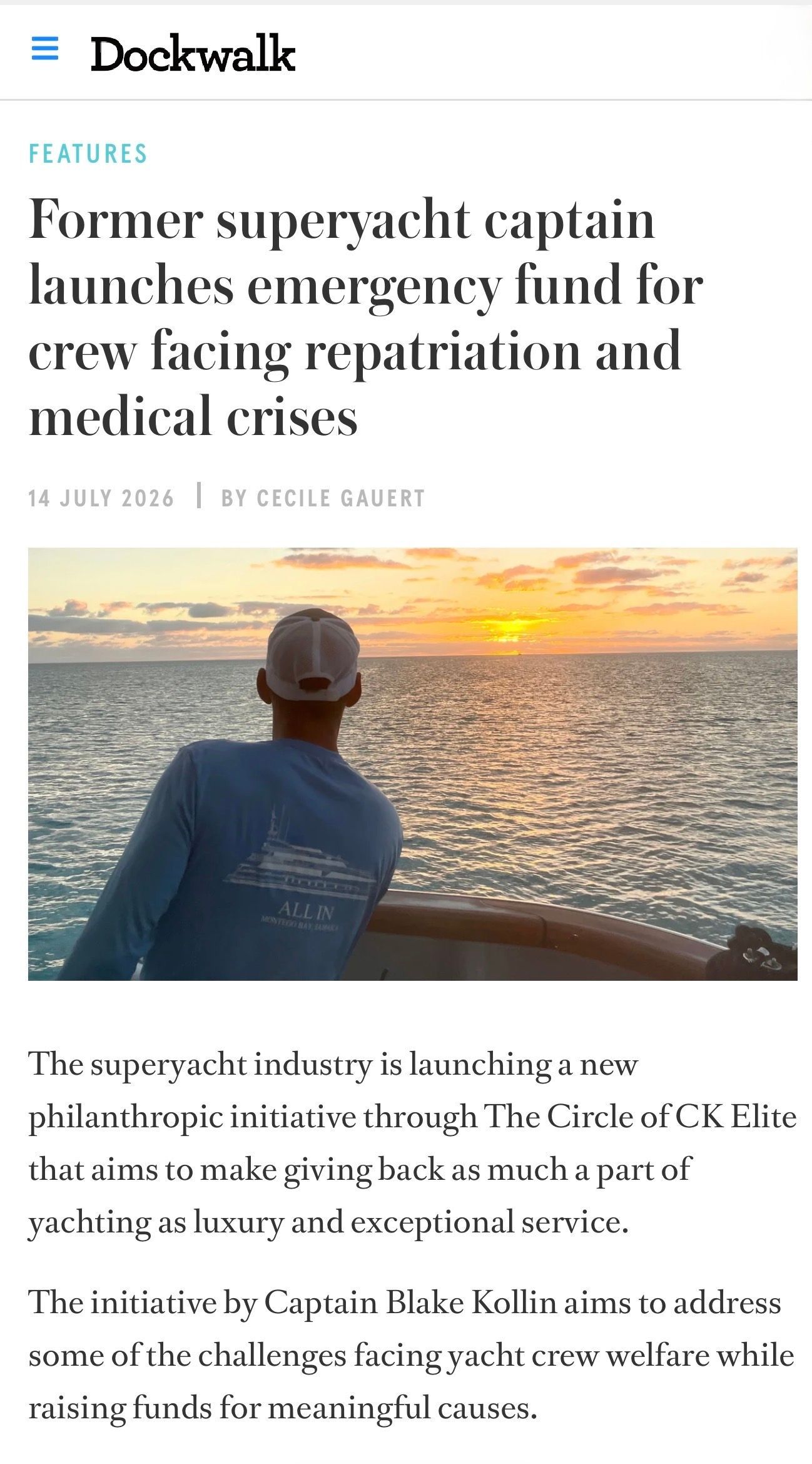 Screenshot of a Dockwalk article with a sunset photo of a person by the sea and a headline about a superyacht capital emergency fund