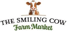 The smiling cow farm market logo is a brown and white cow smiling.