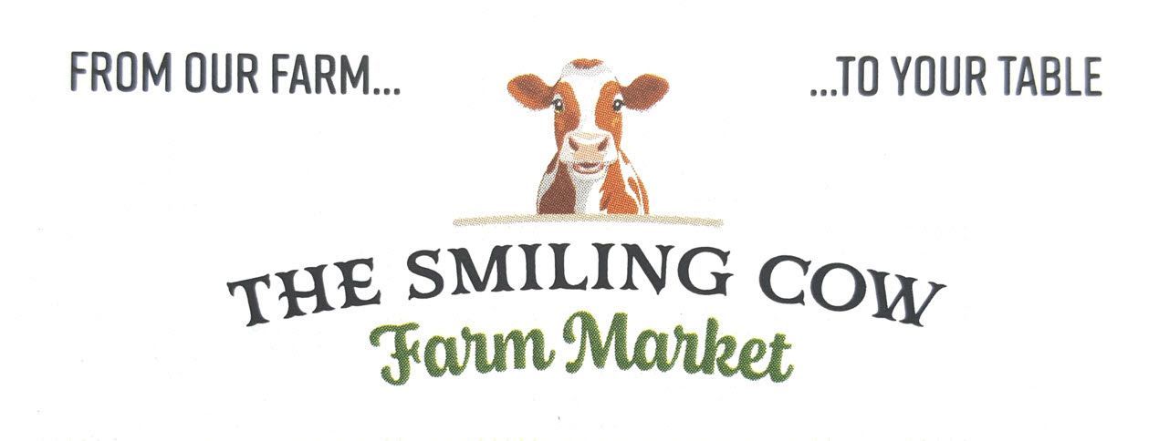 The smiling cow farm market logo with a cow on it