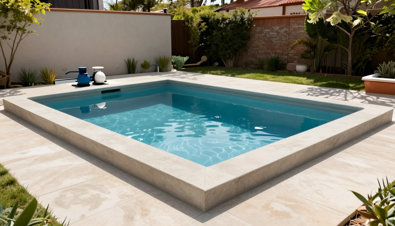 Piscina en el jardín trasero con agua azul, pavimento de piedra clara y tumbonas en un jardín soleado