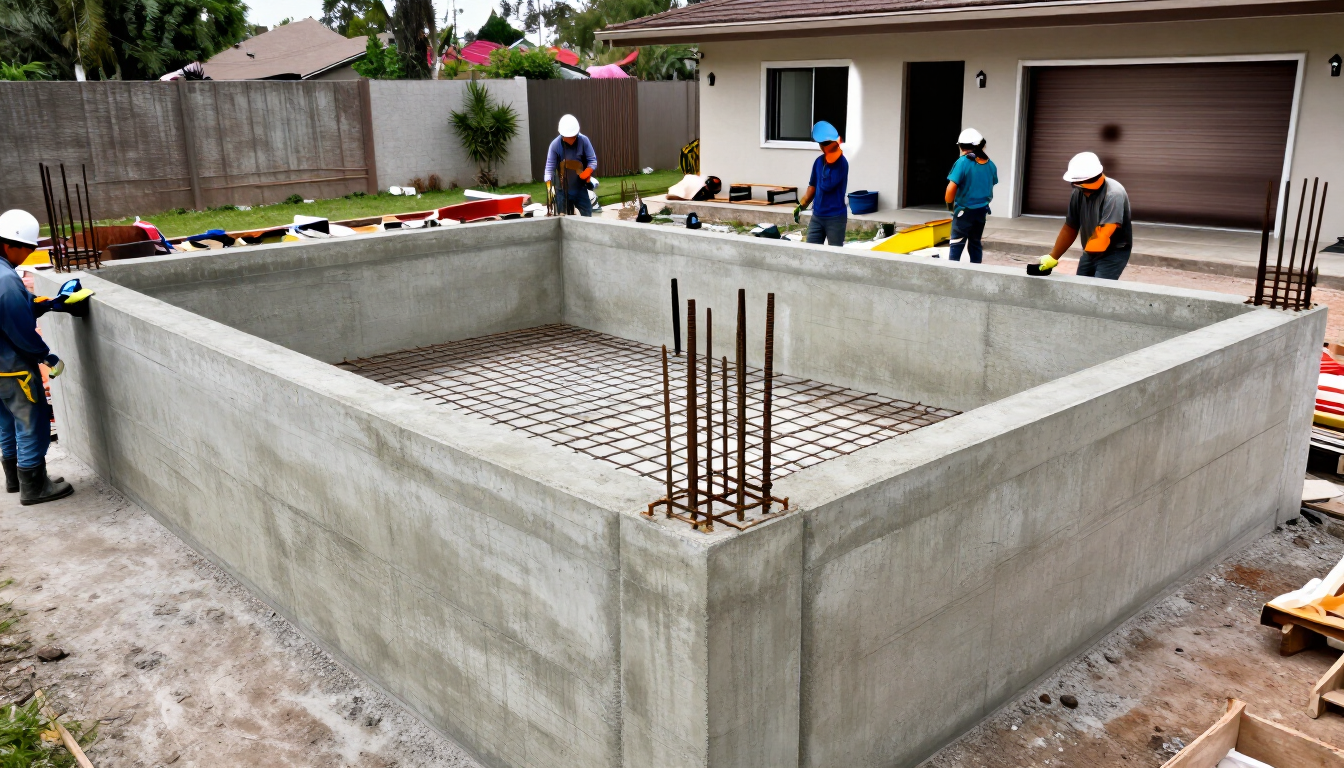 Obreros construyendo los cimientos de hormigón de una casa, con barras de refuerzo y encofrados en el patio de una vivienda.