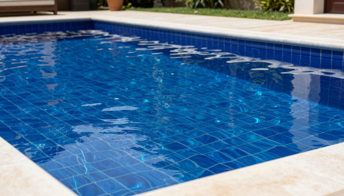 Piscina de azulejos azules con agua cristalina y borde de piedra blanca