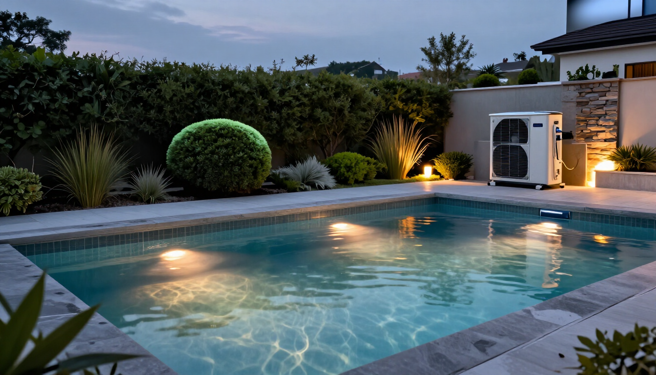 Piscina en el patio trasero al anochecer, con iluminación en el jardín y una moderna zona de estar en el patio