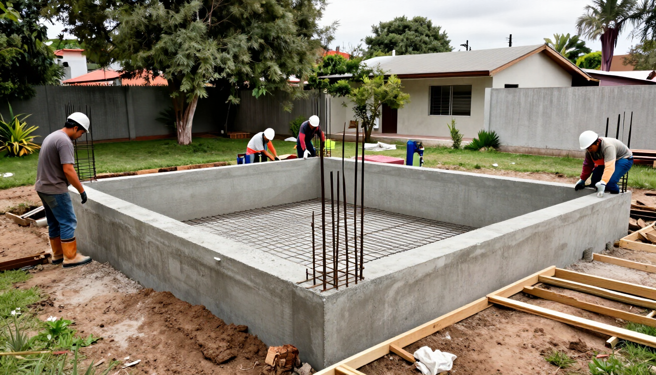 Trabajadores construyendo los cimientos de hormigón de una vivienda, con las armaduras de acero y los encofrados de madera colocados