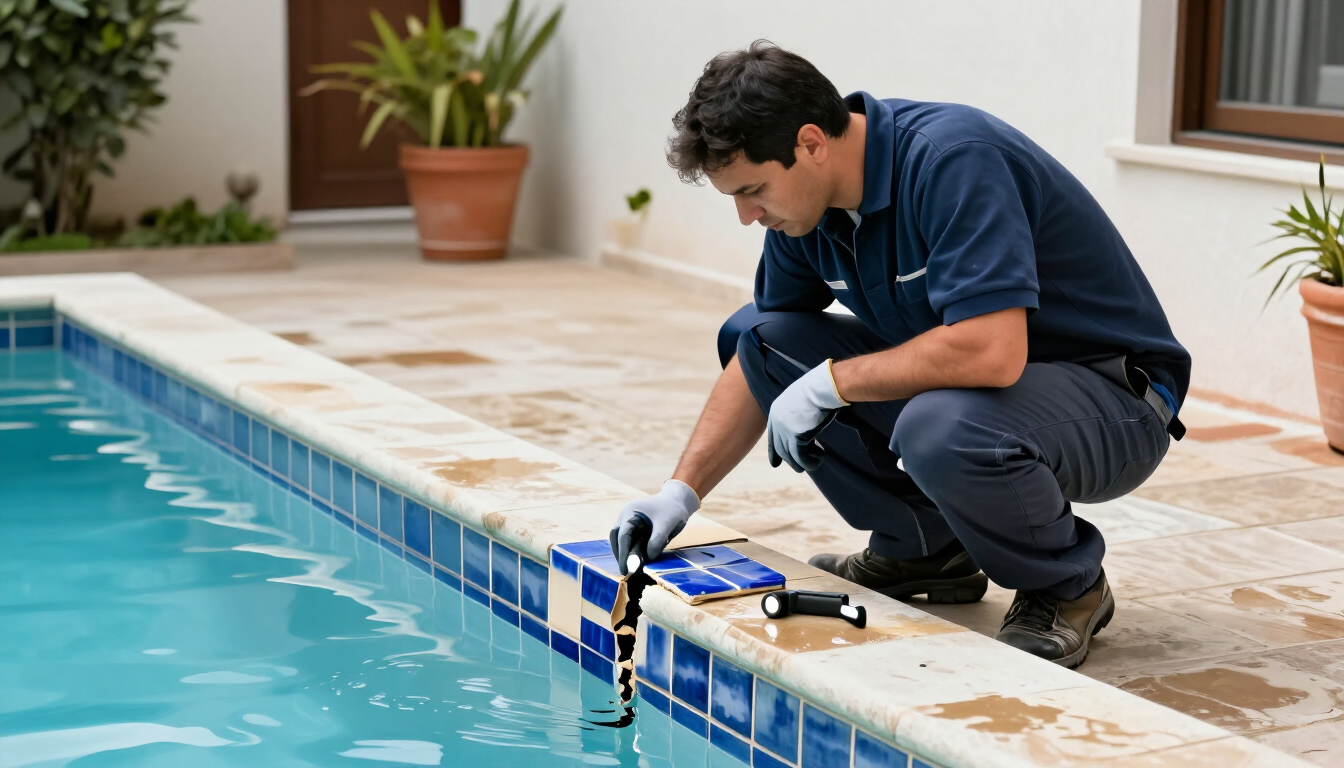 Un trabajador arrodillado junto a una piscina, aplicando sellador al borde de los azulejos con una pistola de calafateo.