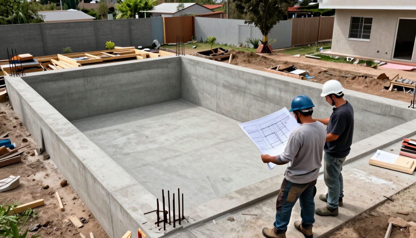 Trabajadores inspeccionando una piscina de concreto recién construida en una obra.
