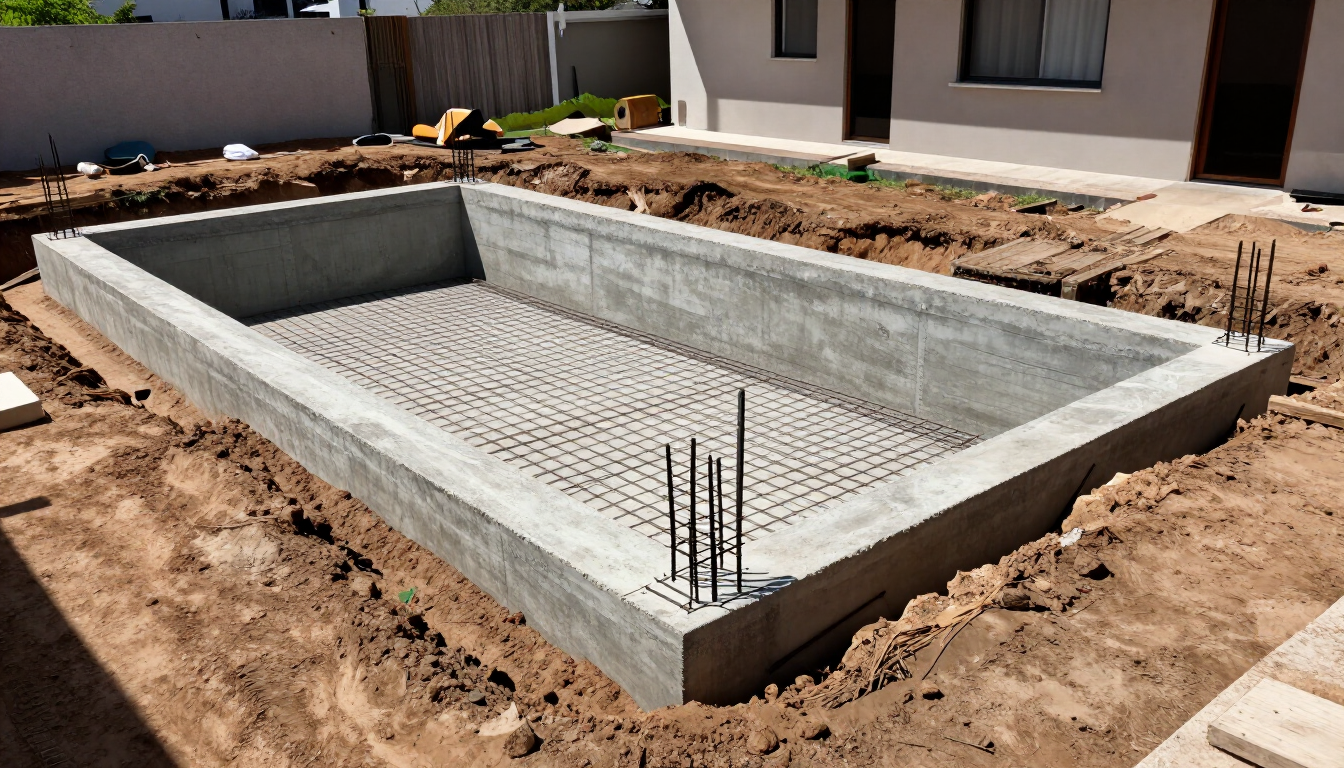 Excavación para la construcción de una piscina de hormigón armado