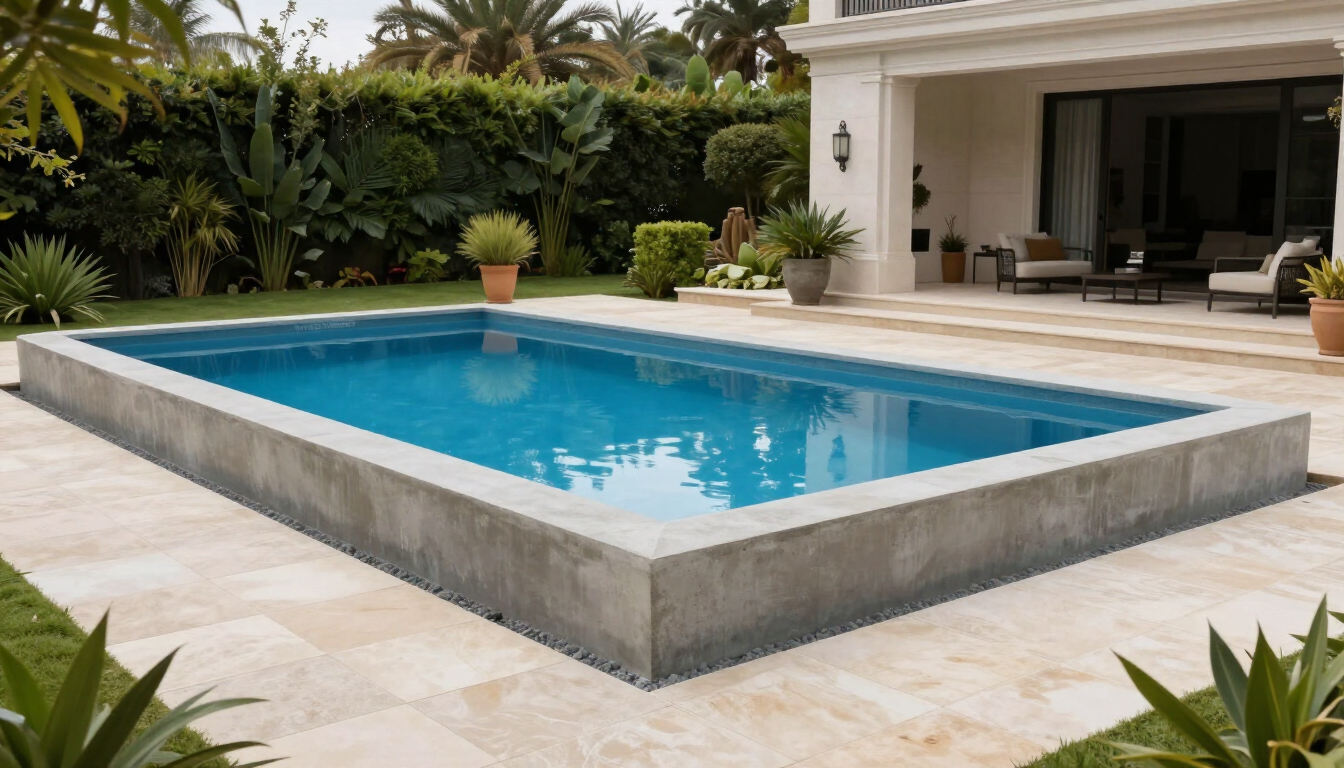 Piscina de hormigón terminada en un espacio exterior residencial