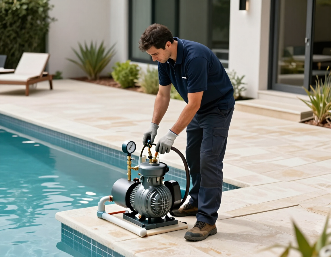 Técnico revisando el sistema de filtrado de una piscina