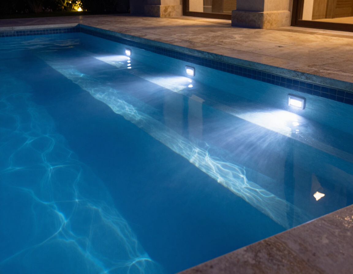 Detalle de luces LED dentro de una piscina moderna