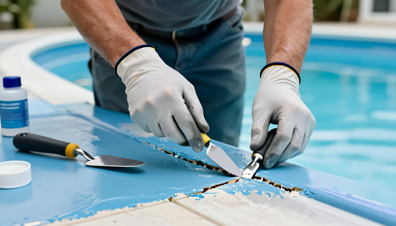 Detalle de reparación de revestimiento en una piscina