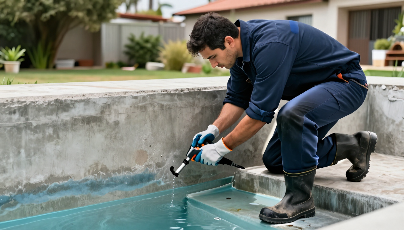 Técnico inspeccionando una piscina con pérdida de agua