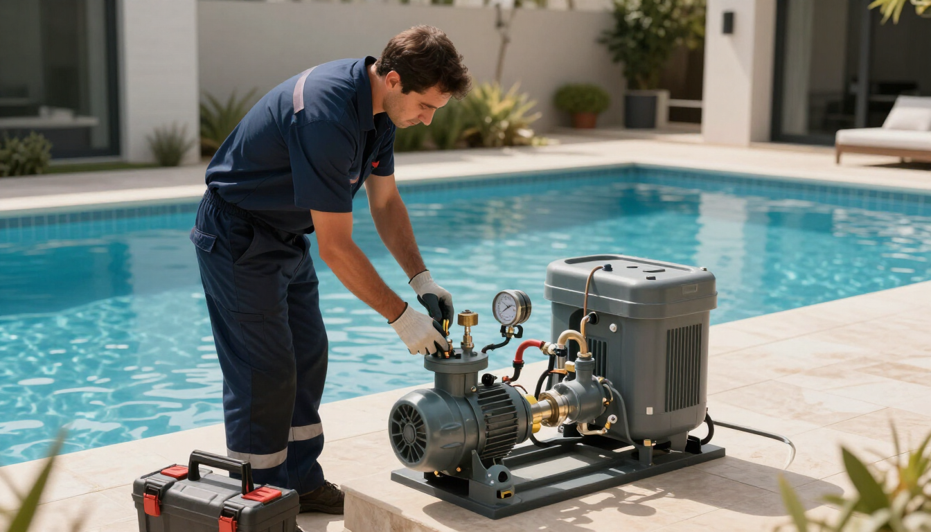 Profesional revisando el sistema de filtrado de una piscina