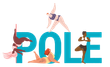 A group of women are standing on top of the word pole.