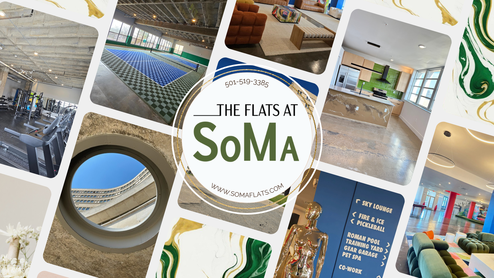 The Flats at SoMa logo banner collage