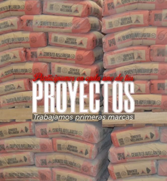 Stacks of cement bags, with text 